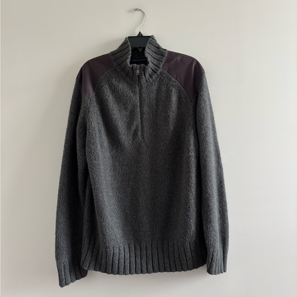 Y2K French Connection Sweater Gray Wool Blend Half Zip Pullover Mens XL Preppy